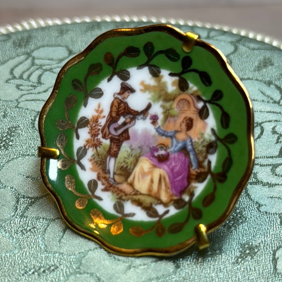 VTG Limoges France Fragonard Green Painted Mini Plate Gold Rim Courting Couple - Picture 1 of 5